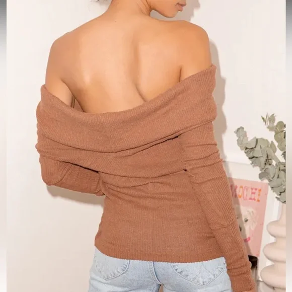 Free People Snowbunny Brown Ribbed Knit Off-the-Shoulder Sweater Top - Picture 2 of 10